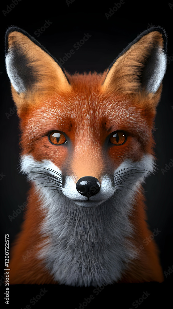 Obraz premium Realistic Red Fox Portrait Shows Intricate Fur Detail on a Dark Background