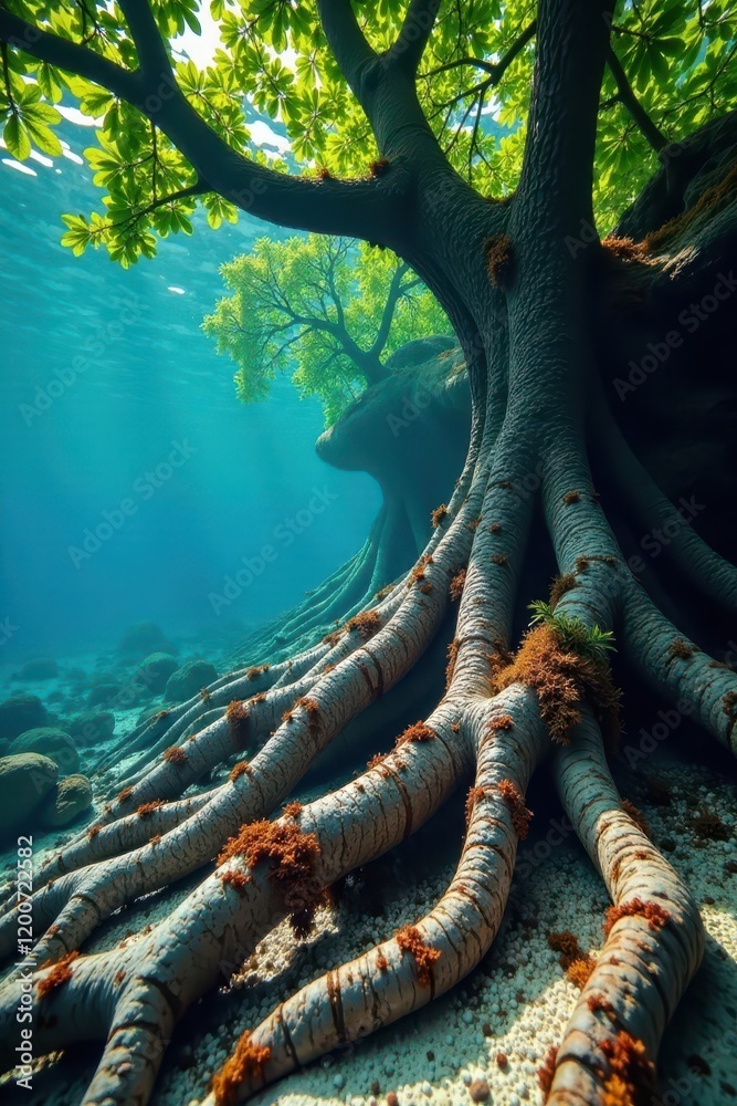 Fototapeta premium Tree roots sprawl through coral, seaweed tangled in ancient trunks, surreal, coral