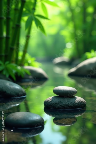 Tranquil Zen stones in water with bamboo and lush greenery , relaxation, nature