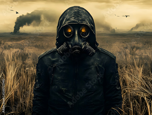 Person in Gas Mask Stands i...