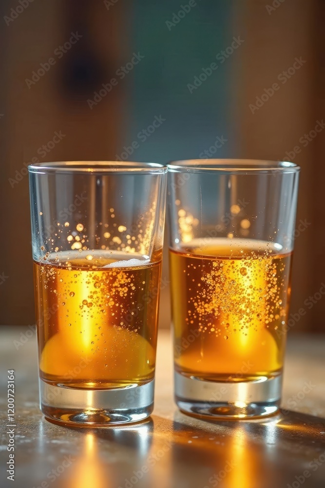 Two glassware clinking together with golden liquid inside, glasses, drinking Two glassware clinking together with golden liquid inside, glasses, drinking