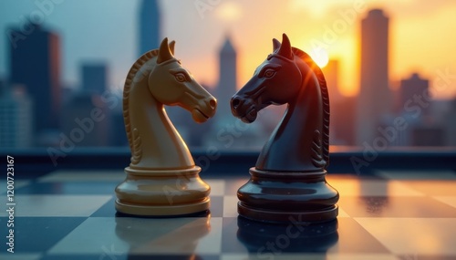 Two opposing chess pieces on a board with a cityscape background, Democrats, Democrat photo