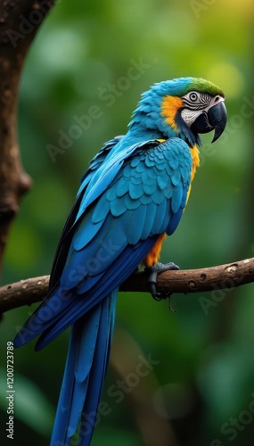 Vibrant blue macaw perches on branch with outstretched wings, green,