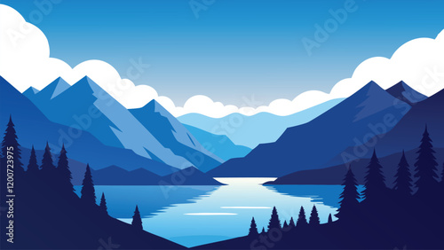  Lake nestled among mountains and trees, with a dramatic cloudy sky overhead flat vector illustration.