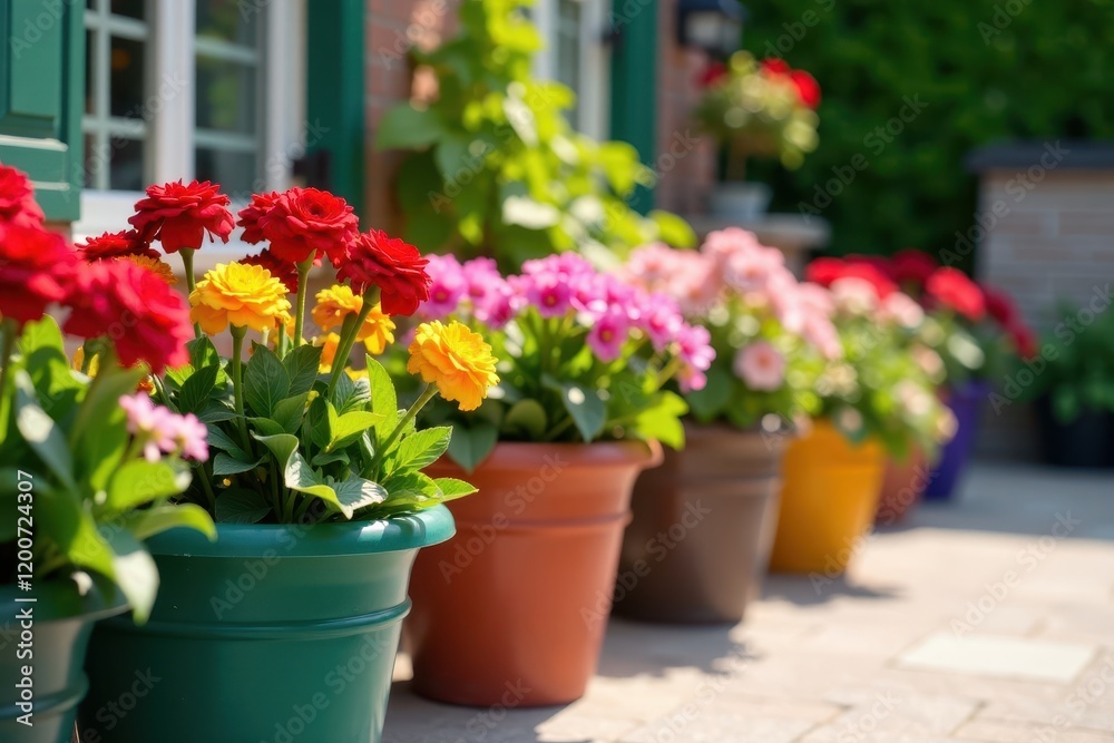 Vibrant flowers in colorful planters on a sunny patio, colorful, greenery Vibrant flowers in colorful planters on a sunny patio, colorful, greenery