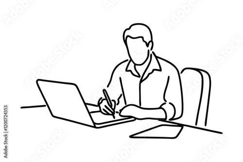 Man taking notes on paper white using laptop computer Hand drawn line art vector illustration.