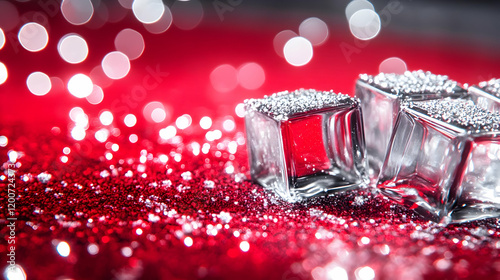 Ice Cubes Sparkle on Red Gl...