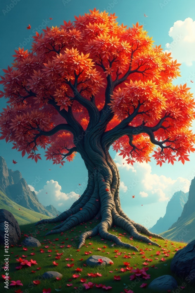 Fototapeta premium Vibrant leaves on a majestic tree with intricate branches and sprawling roots, greenery, branches