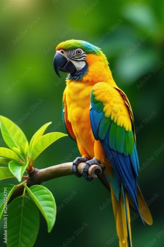 Vibrant parrot perched on a branch with bright green leaves, its blue and yellow beak visible, outdoor wildlife, exotic birds Vibrant parrot perched on a branch with bright green leaves, its blue and yellow beak visible, outdoor wildlife, exotic birds
