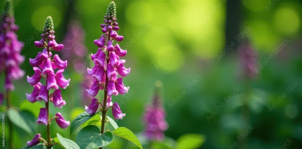Vibrant purple flowers of Penstemon 'Sour Grapes' against a lush green background , botanical garden, foliage Vibrant purple flowers of Penstemon 'Sour Grapes' against a lush green background , botanical garden, foliage