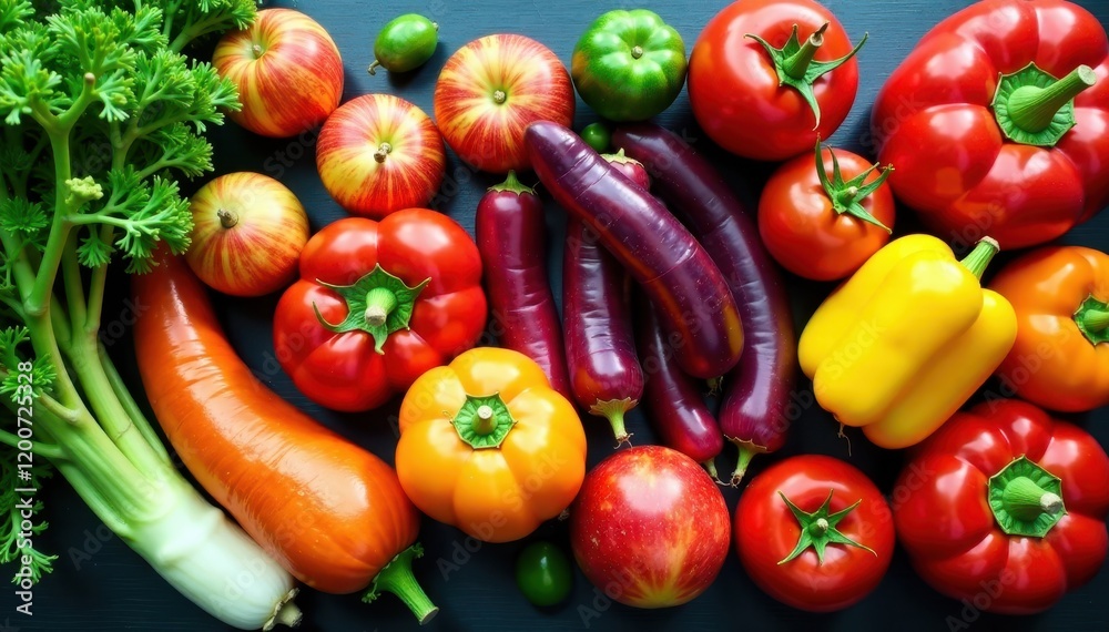 Vibrant vegetables and fruits arranged in a colorful composition, fruits, colorful presentation Vibrant vegetables and fruits arranged in a colorful composition, fruits, colorful presentation