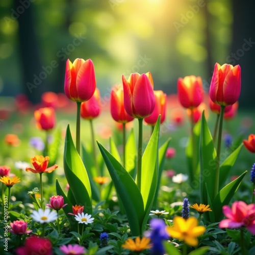 Vibrant tulips sway gently in the spring breeze amidst lush greenery and colorful wildflowers , flowers, lush