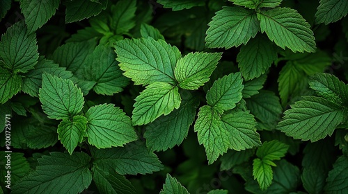 Lush Green Leaves Texture: A vibrant close-up shot showcasing a dense collection of rich green leaves, creating a lush and textural background perfect for design projects.