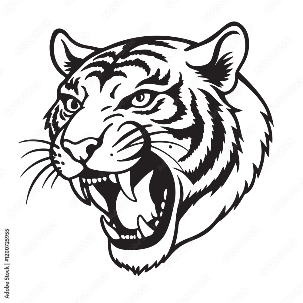 Obraz premium Angry tiger head with roaring mouth hand drawn sketch engraving style vector illustration.