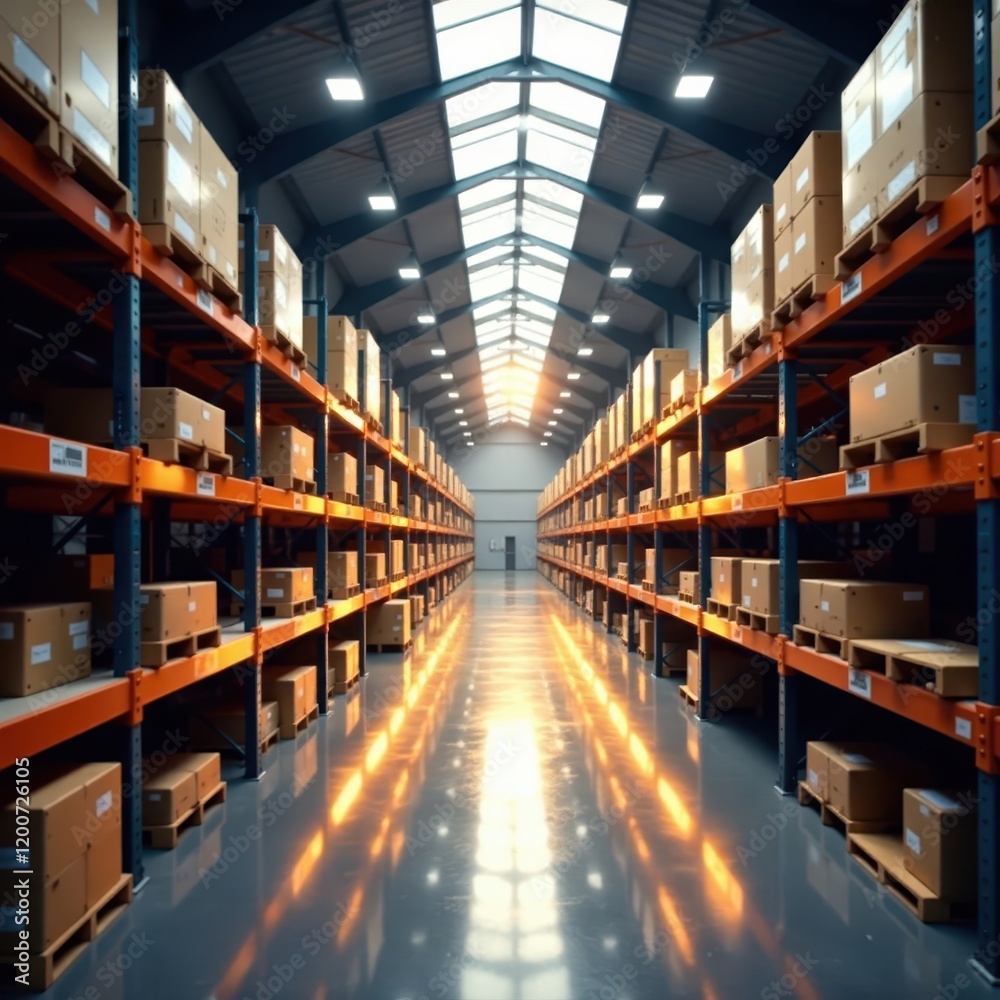 Warehouse with solar panels and futuristic LED lighting, roof top, technology park Warehouse with solar panels and futuristic LED lighting, roof top, technology park