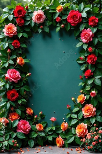 Colorful flowers wall with lush greenery and vibrant roses in a garden setting , colorful, flowers, nature