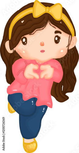 The girl wearing a pink blouse and blue pant do cute love-hand pose illustration