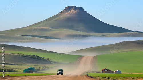 Truck Drives on Dusty Road ...