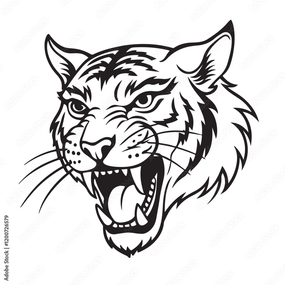 Obraz premium Angry tiger head with roaring mouth hand drawn sketch engraving style vector illustration.