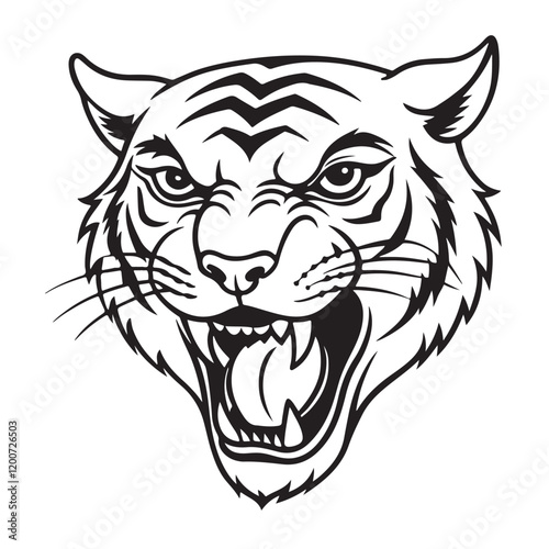 Angry tiger head with roaring mouth hand drawn sketch engraving style vector illustration.