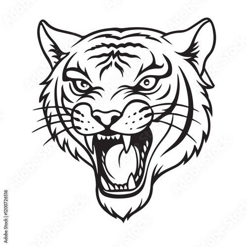 Angry tiger head with roaring mouth hand drawn sketch engraving style vector illustration.
