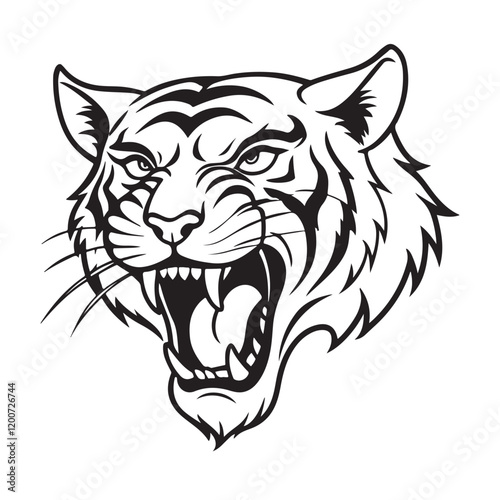 Angry tiger head with roaring mouth hand drawn sketch engraving style vector illustration.
