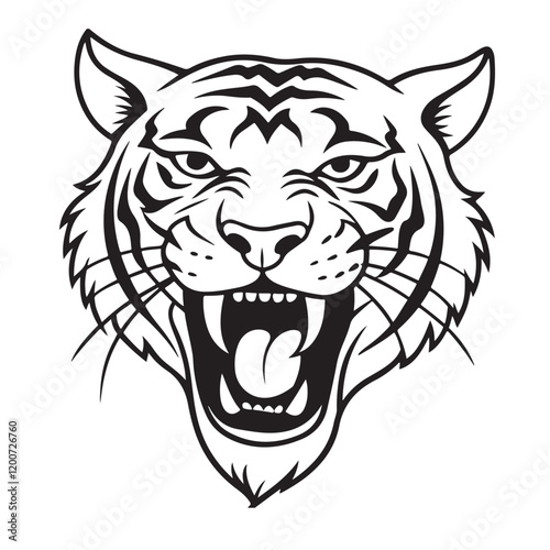 Angry tiger head with roaring mouth hand drawn sketch engraving style vector illustration.