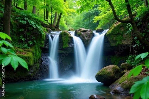 Waterfall cascade amidst emerald forest foliage, serene, waterfall