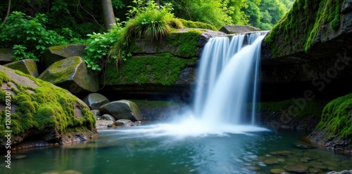 waterfall cascading gently over moss-covered rocks, foliage, greenery