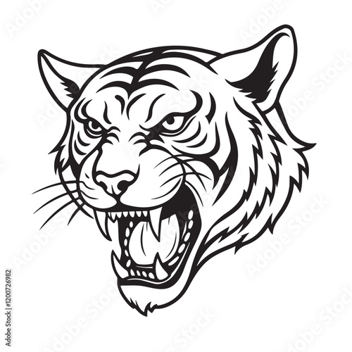 Angry tiger head with roaring mouth hand drawn sketch engraving style vector illustration.