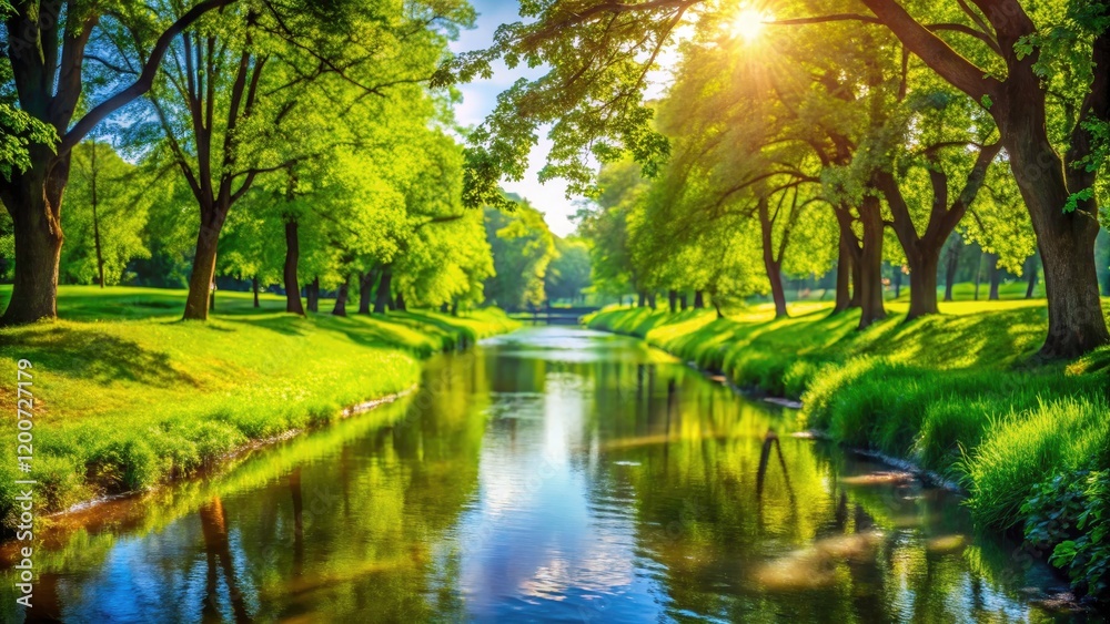 Tranquil Summer Park River Channel with Bokeh Effect - Serene Nature Scene, Lush Greenery, Peaceful Waterway, Summer Vibes, Outdoor Relaxation, Scenic Landscape, Natural Beauty Tranquil Summer Park River Channel with Bokeh Effect - Serene Nature Scene, Lush Greenery, Peaceful Waterway, Summer Vibes, Outdoor Relaxation, Scenic Landscape, Natural Beauty