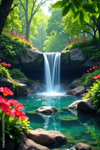 Waterfall in serene park setting with lush greenery and vibrant flowers, park, calm