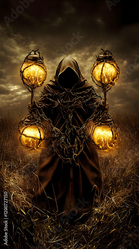 Hooded Figure Holds Four Bu...