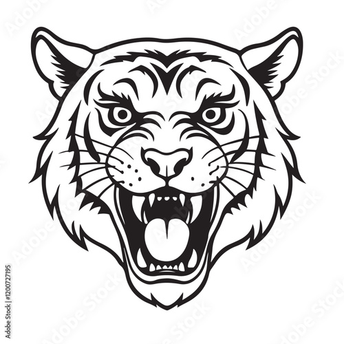 Angry tiger head with roaring mouth hand drawn sketch engraving style vector illustration.