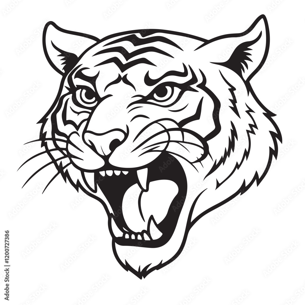 Obraz premium Angry tiger head with roaring mouth hand drawn sketch engraving style vector illustration.