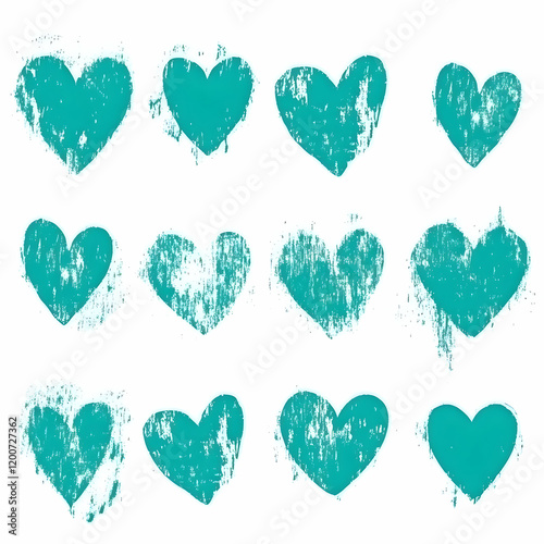 Twelve Teal Grunge Hearts C...