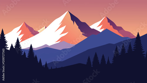 Majestic mountains with snow-covered trees at sunset, showcasing a beautiful blend of winter and twilight colors flat vector illustration