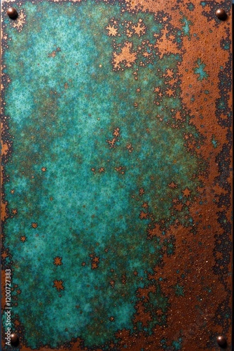 Weathered copper sheets with verdigris patina and bronze undertones, texture, oxidation