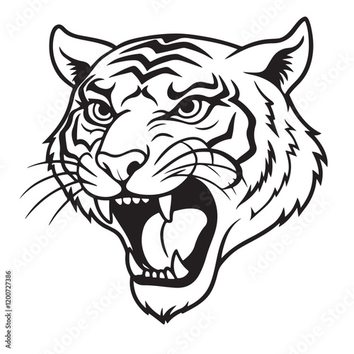 Angry tiger head with roaring mouth hand drawn sketch engraving style vector illustration.