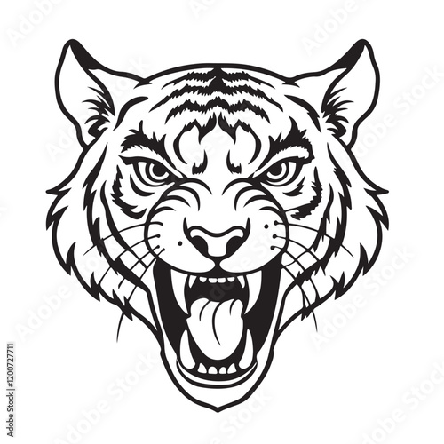 Angry tiger head with roaring mouth hand drawn sketch engraving style vector illustration. photo