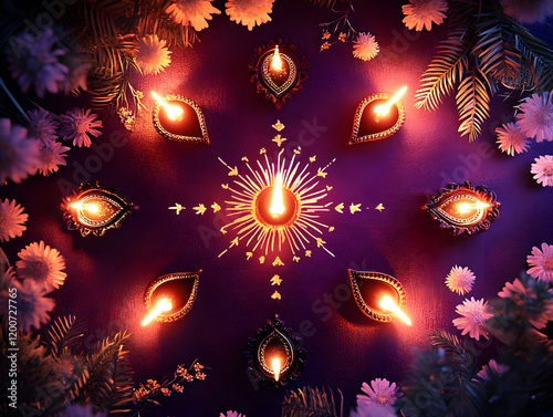Glowing Diya Lamps Arranged...