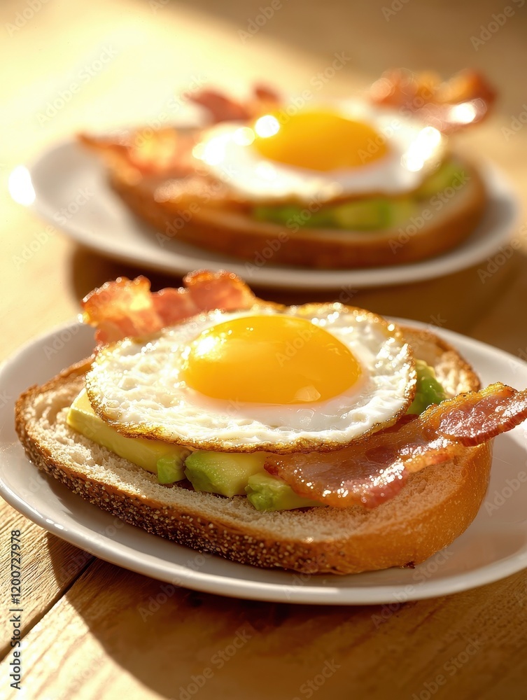 Delicious breakfast delight eggs and bacon on toast cozy kitchen food photography natural light gourmet concept Delicious breakfast delight eggs and bacon on toast cozy kitchen food photography natural light gourmet concept