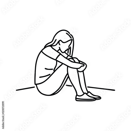 Sad and confused young woman sitting on floor arms around knees Hand drawn line art vector illustration.