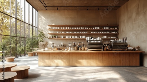 3D rendering of a modern coffee shop interior featuring sleek furniture and cozy decor