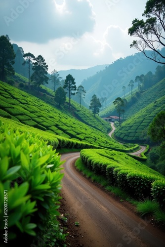 Winding road through tea plantations and gardens in Siliguri, beauty, hills photo