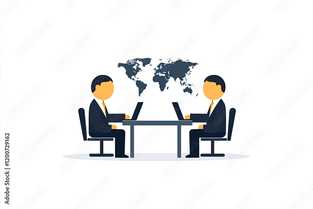 Two business professionals working on laptops with world map in background Two business professionals working on laptops with world map in background