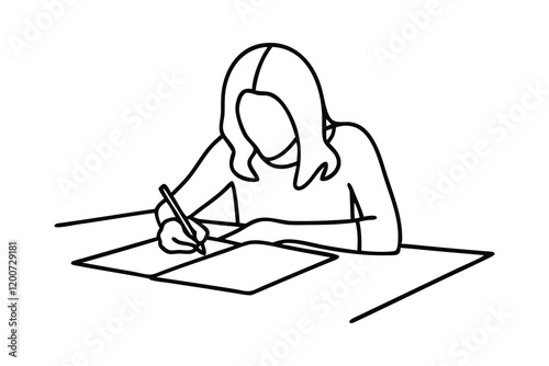 Woman taking notes on paper Hand drawn line art vector illustration.