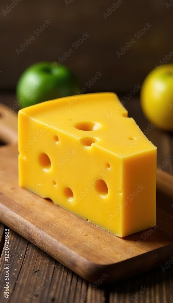 Yellow cheese block with round holes on wooden cutting board, yellow, dairy Yellow cheese block with round holes on wooden cutting board, yellow, dairy