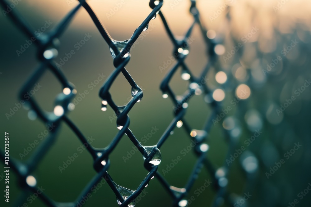Fototapeta premium Closeup of a rain-drenched wire fence outdoor setting nature photography evening light abstract viewpoint capturing the beauty of reflections on wire