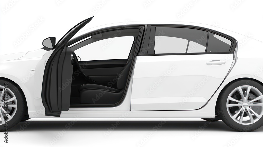 Sleek White Sedan: Open Doors, Interior View Sleek White Sedan: Open Doors, Interior View